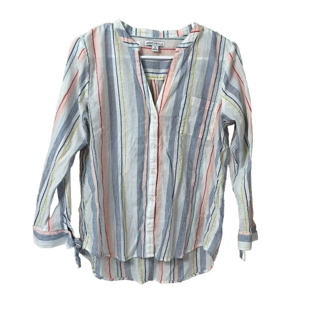 J Crew Mercantile Womens Blue Fiesta Stripe Blouse Tie Sleeve Small Long Sleeve